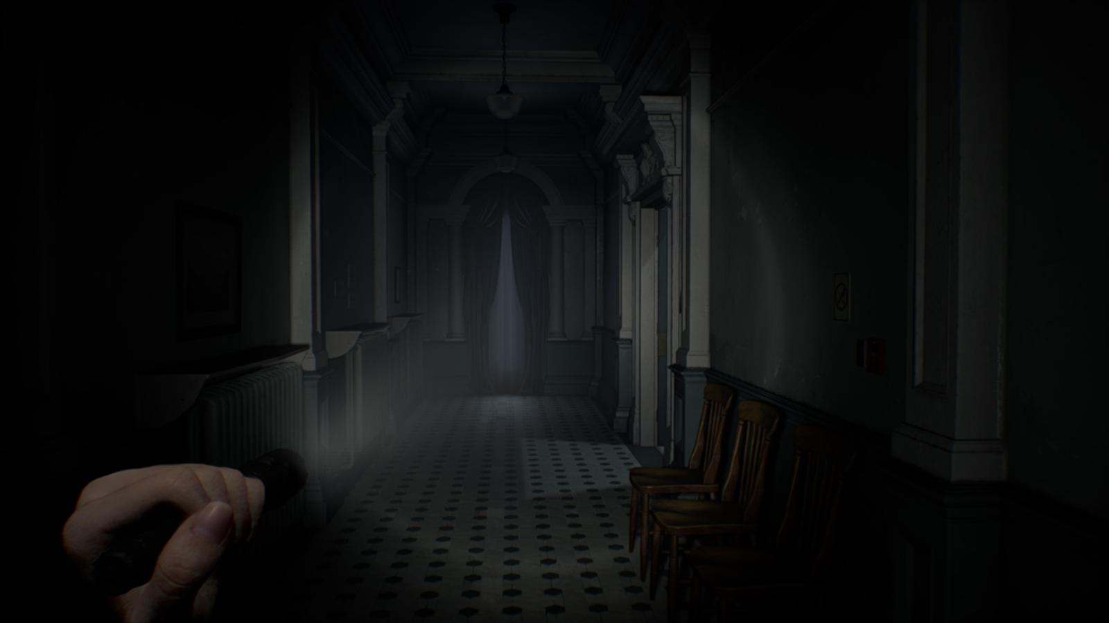 Pasillo oscuro de la clínica con iluminación volumétrica